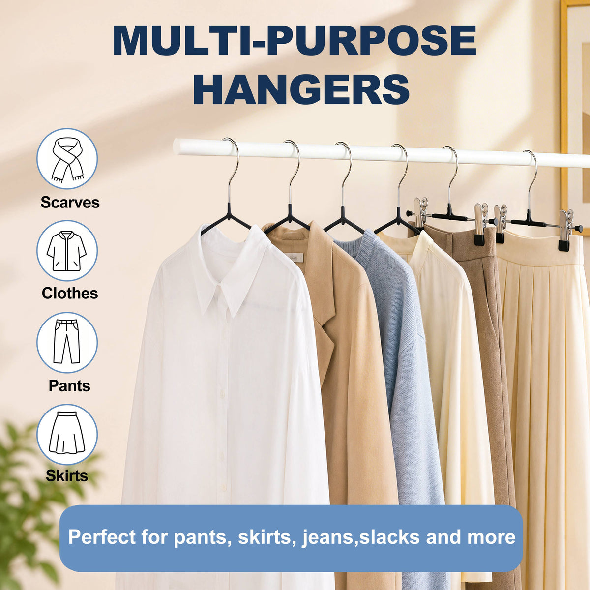 PVC32-BK – Non-Slip PVC-Coated Metal Skirt & Pant Hanger with Clips – 13" – Black