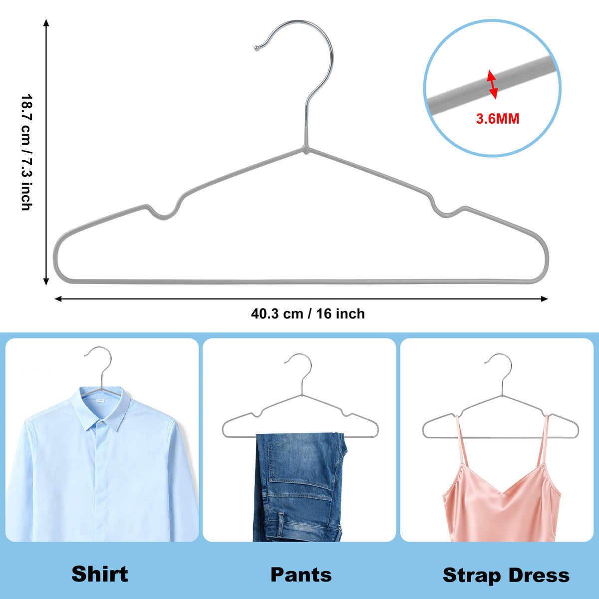 PVC31 – Non-Slip PVC-Coated Metal Shirt Hanger with Notches – 16" – Black / White / Gray