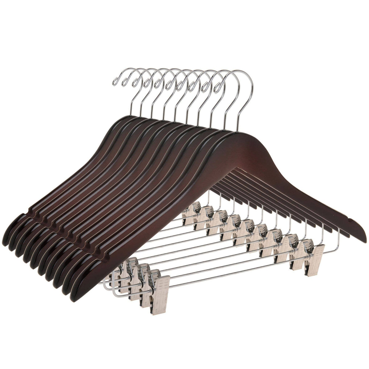 W052 – Semi-Curved Wooden Skirt & Pant Hanger with Clips – 17.5" – Mahogany