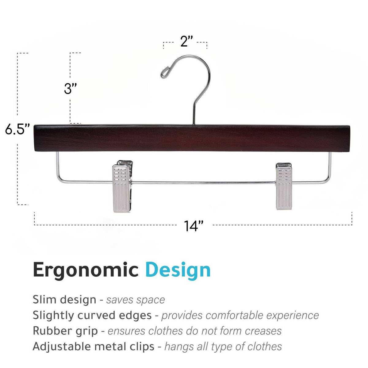 W053 – Straight Wooden Skirt & Pant Hanger with Clips – 14" – Mahogany