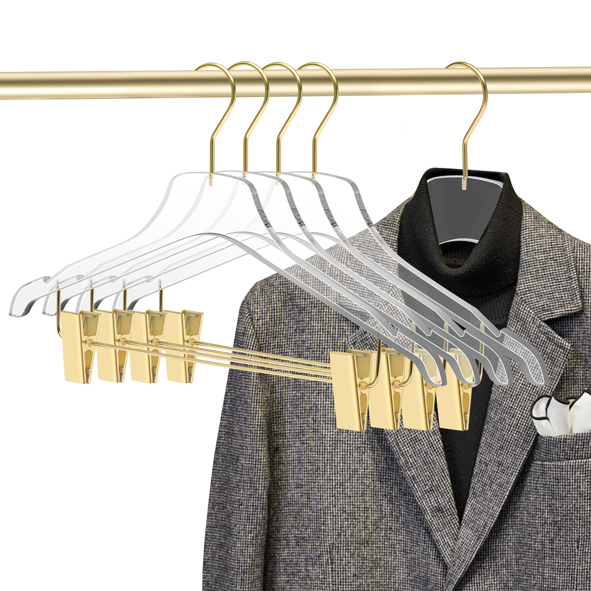 8012 – Clear Acrylic Skirt & Pant Hanger with Clips – 17" – Clear / Chrome Hook