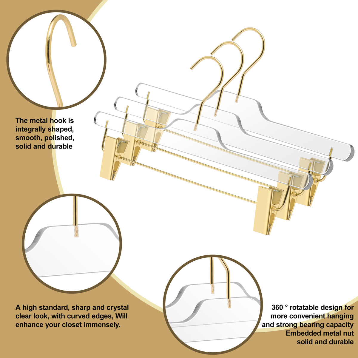 8020 – Clear Acrylic Straight Pant Hanger with Clips – 14" – Clear / Chrome Hook