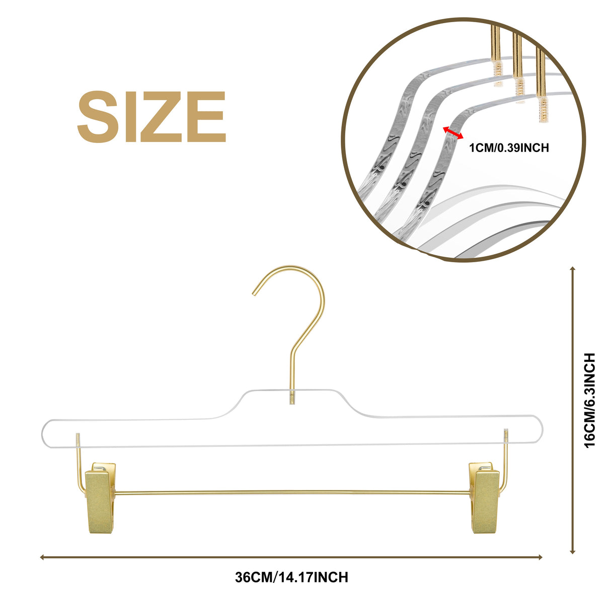 8020 – Clear Acrylic Straight Pant Hanger with Clips – 14" – Clear / Chrome Hook