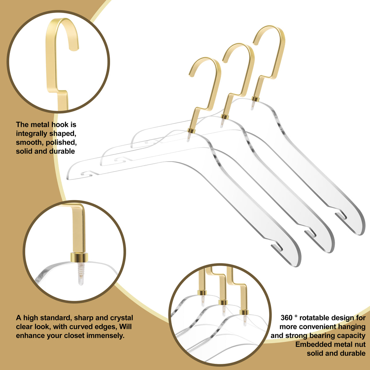 AC10-5 – Premium Clear Acrylic Shirt & Coat Hanger with Notches – 17" – Clear / Matte Gold Hook