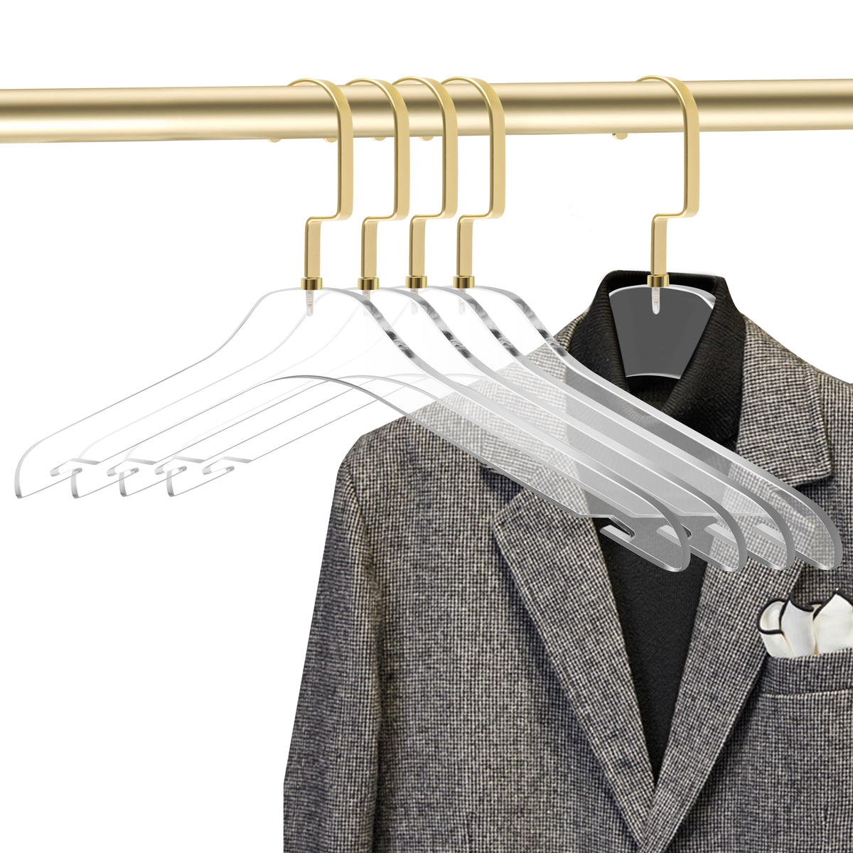 AC10-5 – Premium Clear Acrylic Shirt & Coat Hanger with Notches – 17" – Clear / Matte Gold Hook