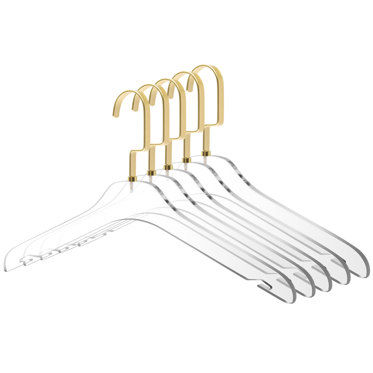 AC10-5 – Premium Clear Acrylic Shirt & Coat Hanger with Notches – 17" – Clear / Matte Gold Hook