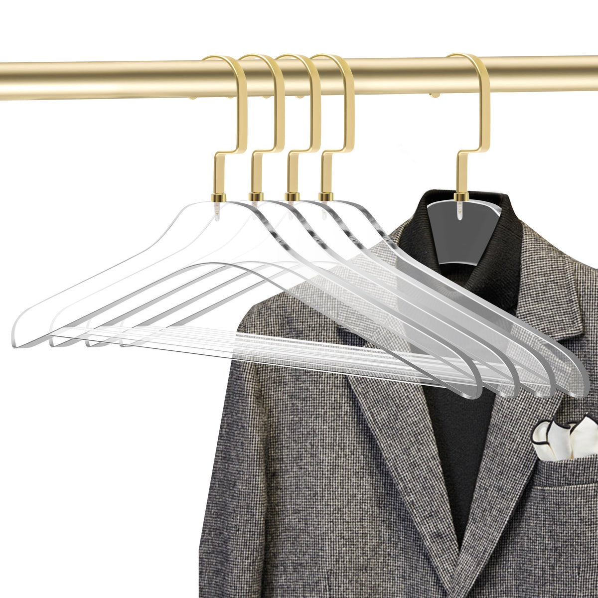 AC12-5 – Premium Clear Acrylic Suit & Pant Hanger with Bar – 17" – Clear / Matte Gold Hook