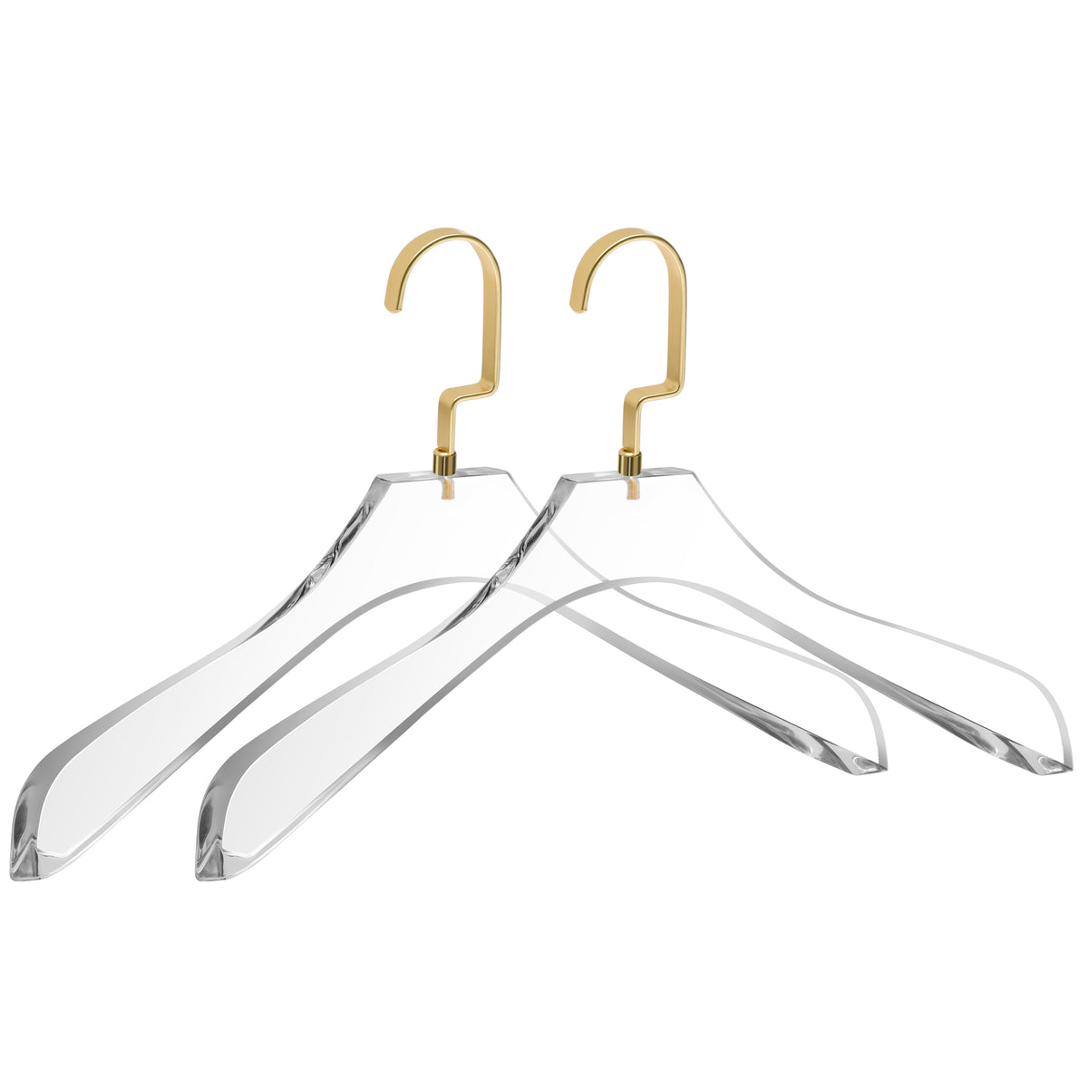 AC40-2 – Curved Clear Acrylic Coat & Suit Hanger with Wide Hook – 15.5" – Clear / Matte Gold Hook