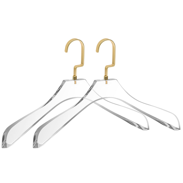 AC40-2 – Curved Clear Acrylic Coat & Suit Hanger with Wide Hook – 15.5" – Clear / Matte Gold Hook