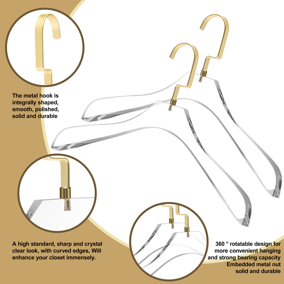 AC40-2 – Curved Clear Acrylic Coat & Suit Hanger with Wide Hook – 15.5" – Clear / Matte Gold Hook