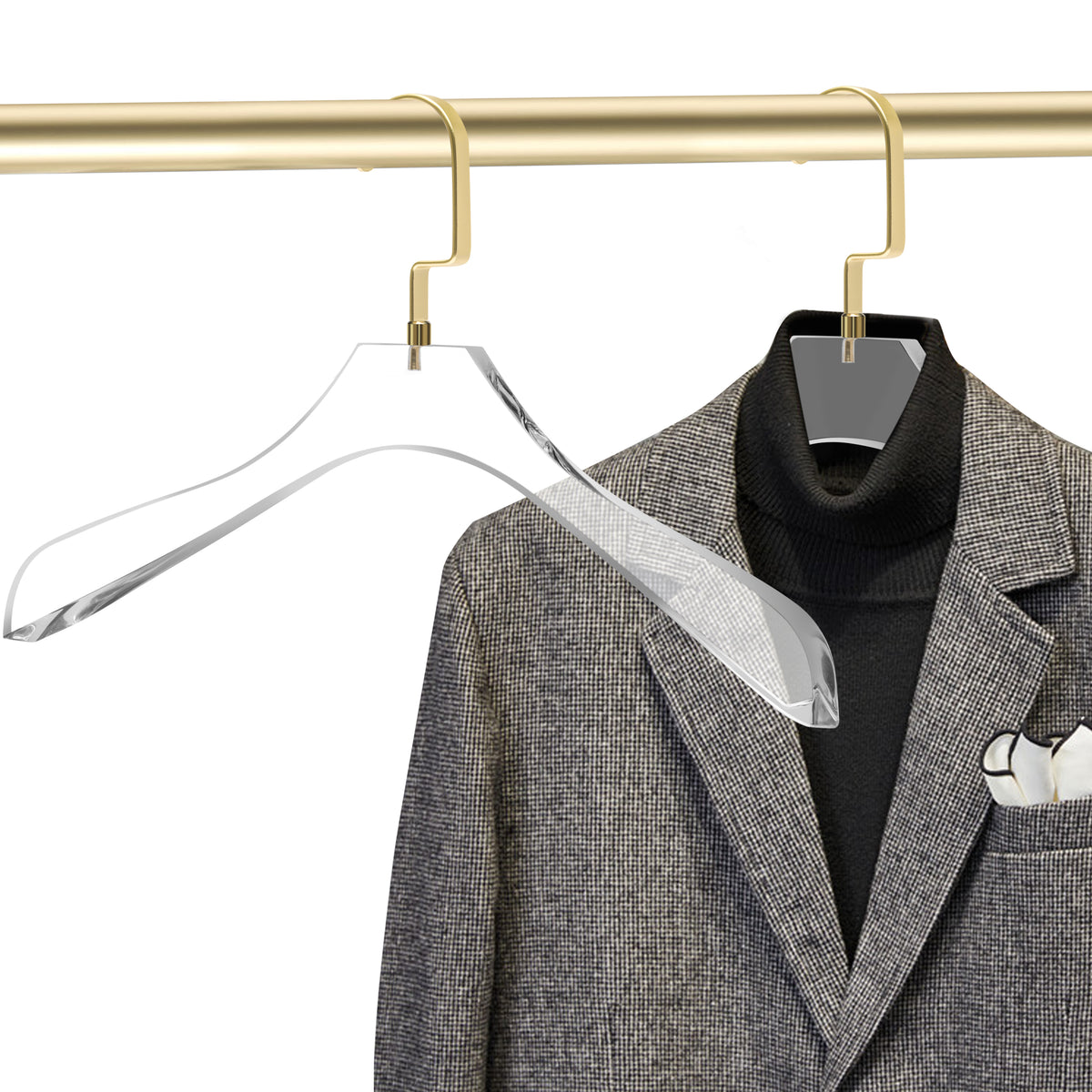 AC40-2 – Curved Clear Acrylic Coat & Suit Hanger with Wide Hook – 15.5" – Clear / Matte Gold Hook