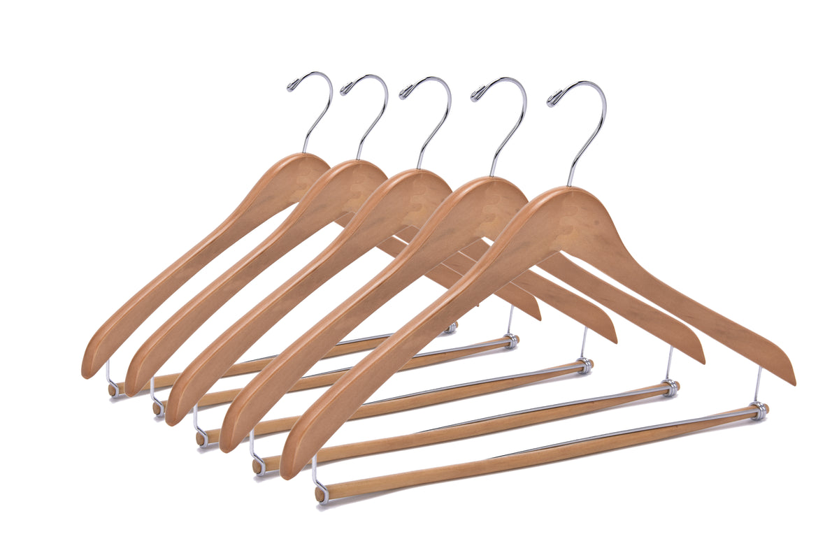 W034 – Curved Wooden Coat & Suit Hanger with Locking Bar – 17" – Natural / Chrome Hook
