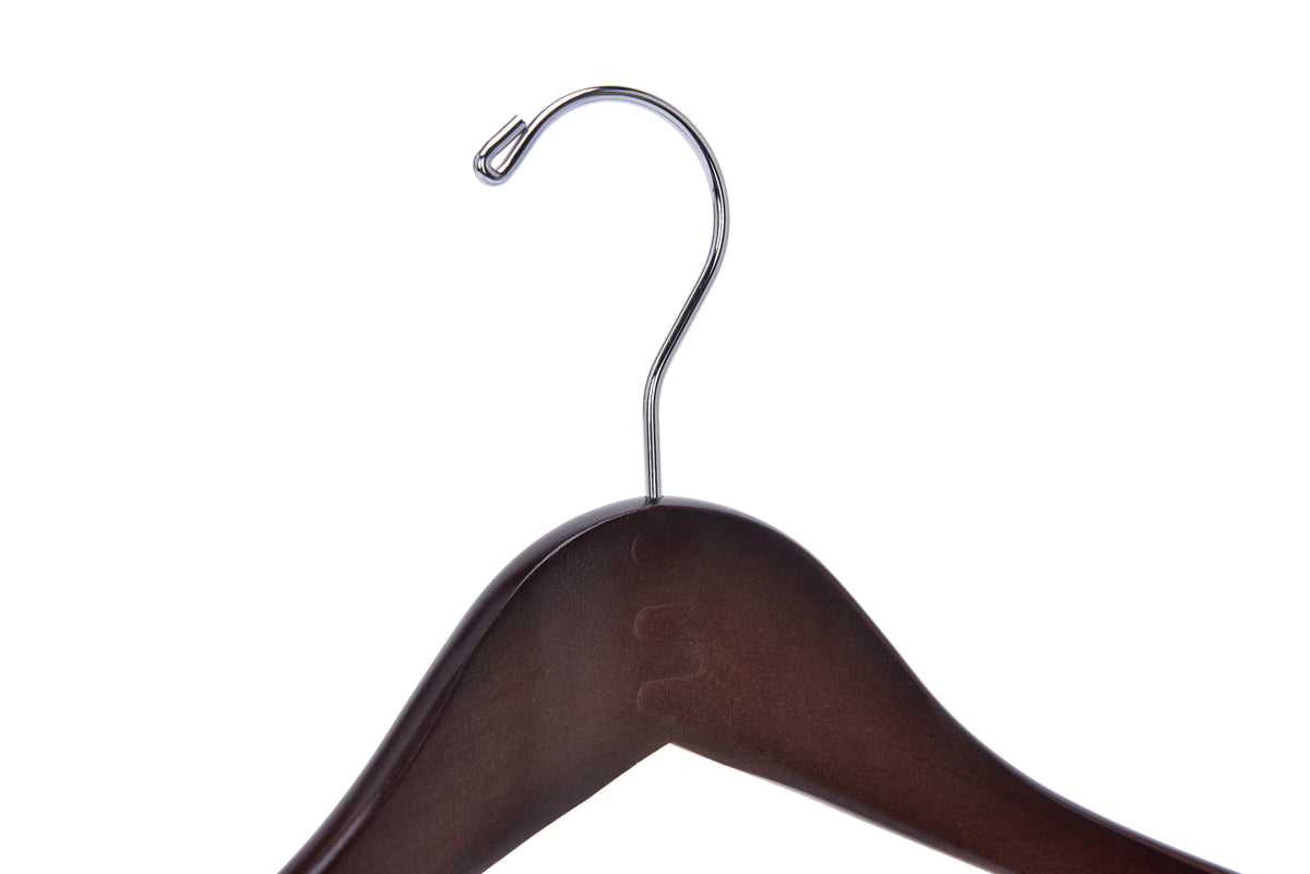 W025 – Curved Wooden Coat & Suit Hanger – 17" – Walnut / Chrome Hook