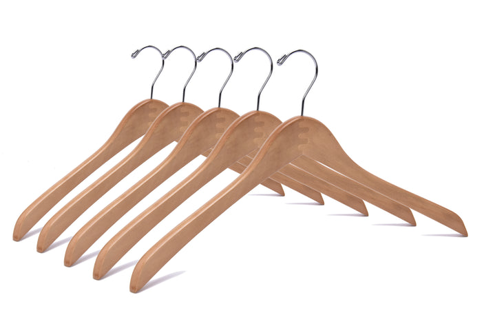 W035 – Curved Wooden Coat & Suit Hanger – 17" – Natural / Chrome Hook