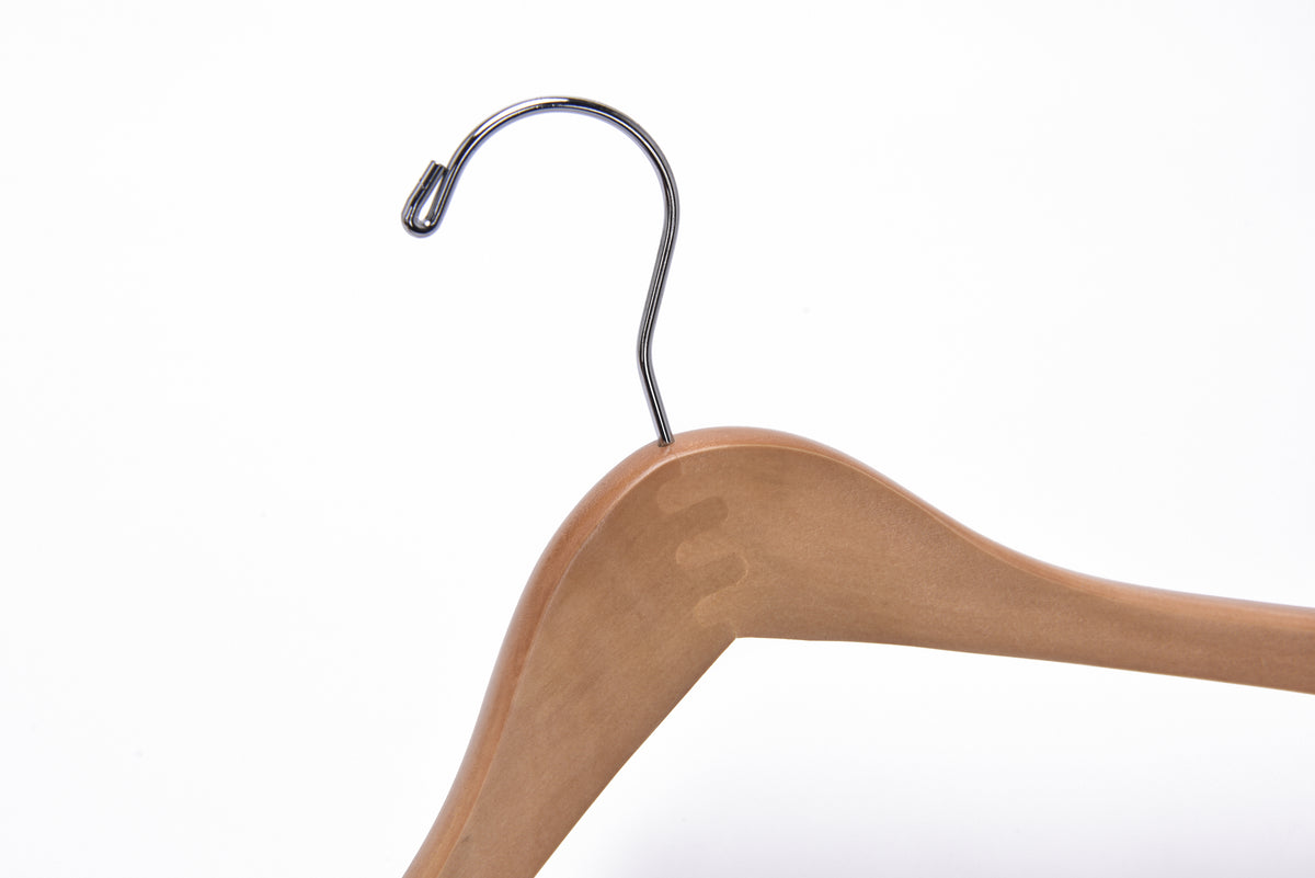 W035 – Curved Wooden Coat & Suit Hanger – 17" – Natural / Chrome Hook