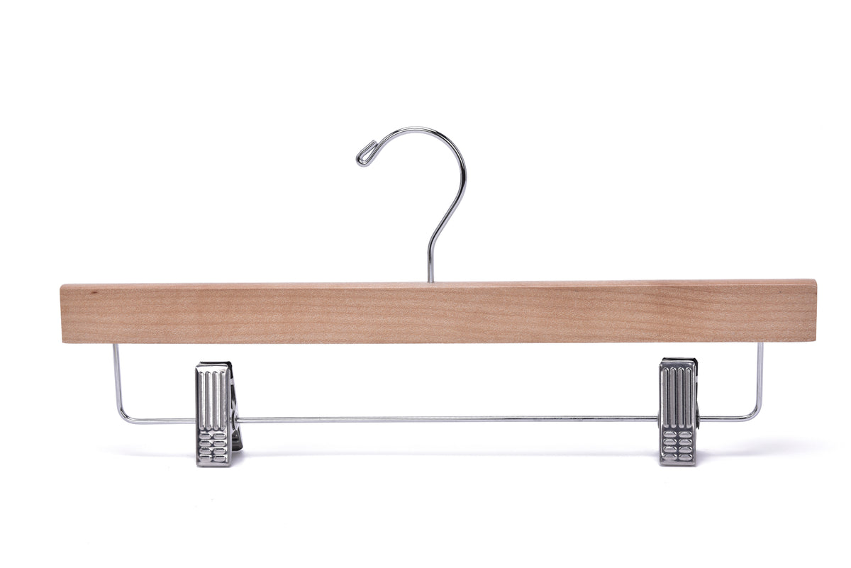 W033 – Straight Wooden Skirt & Pant Hanger with Clips – 14" – Natural / Chrome Hook