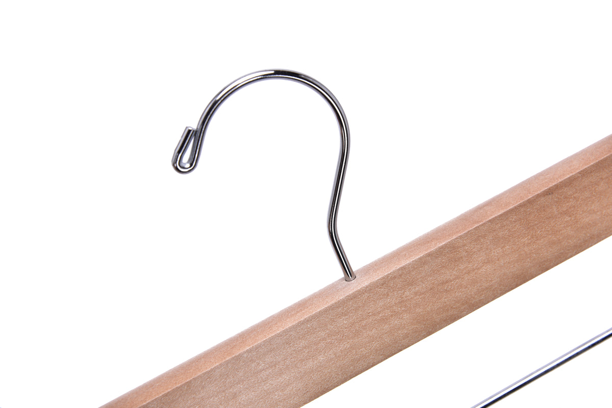 W033 – Straight Wooden Skirt & Pant Hanger with Clips – 14" – Natural / Chrome Hook