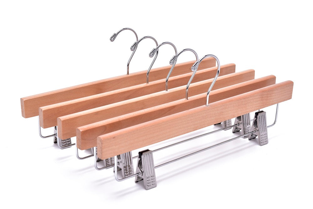 W033 – Straight Wooden Skirt & Pant Hanger with Clips – 14" – Natural / Chrome Hook
