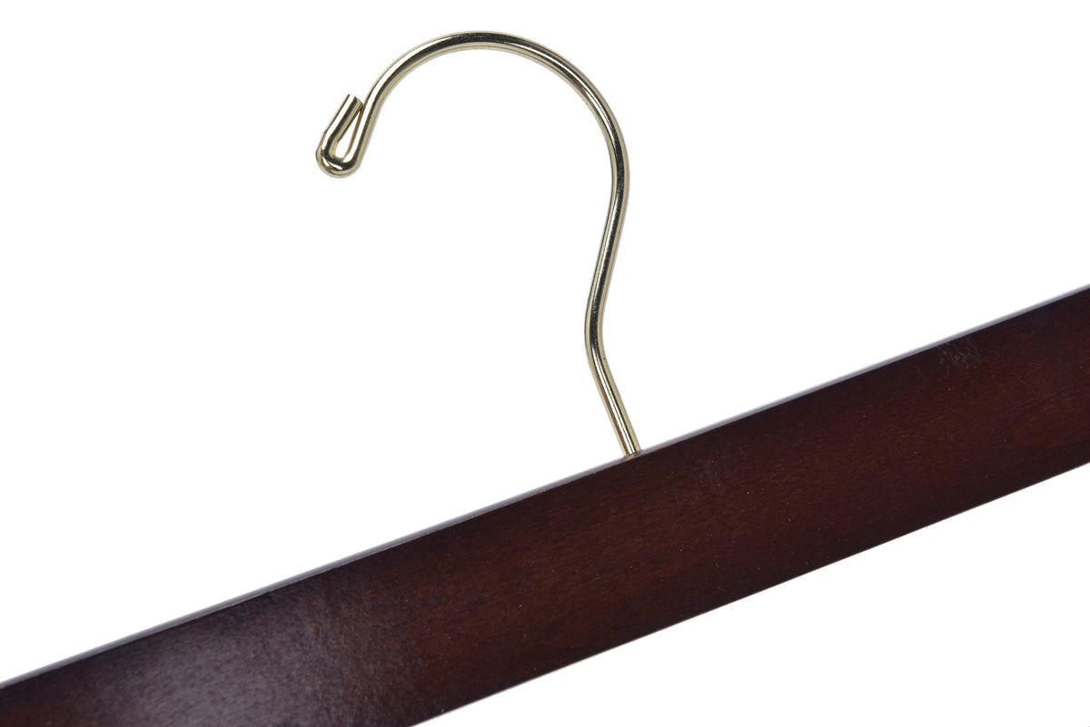 W013 – Straight Wooden Skirt & Pant Hanger with Clips – 14" – Walnut / Gold Hook