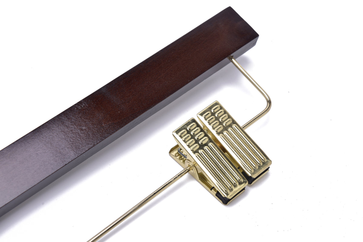 W013 – Straight Wooden Skirt & Pant Hanger with Clips – 14" – Walnut / Gold Hook