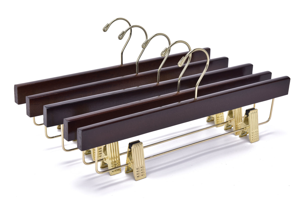 W013 – Straight Wooden Skirt & Pant Hanger with Clips – 14" – Walnut / Gold Hook