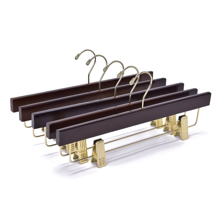W013 – Straight Wooden Skirt & Pant Hanger with Clips – 14" – Walnut / Gold Hook