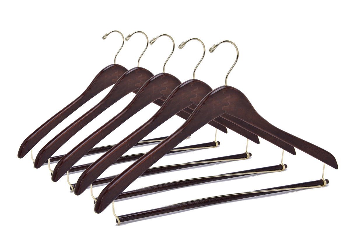 W014 – Curved Wooden Coat & Suit Hanger with Locking Bar – 17" – Walnut / Gold Hook