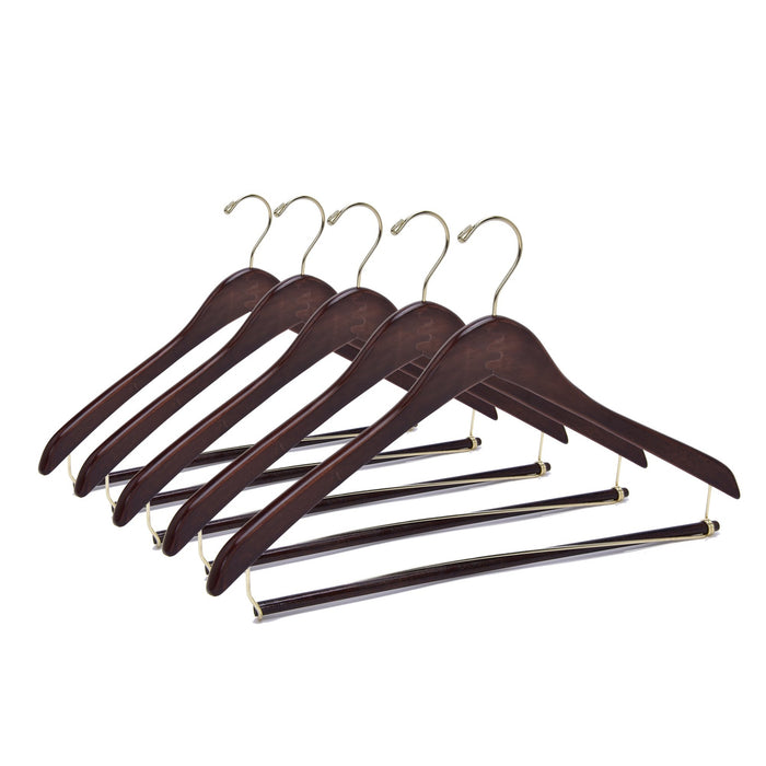 W014 – Curved Wooden Coat & Suit Hanger with Locking Bar – 17" – Walnut / Gold Hook