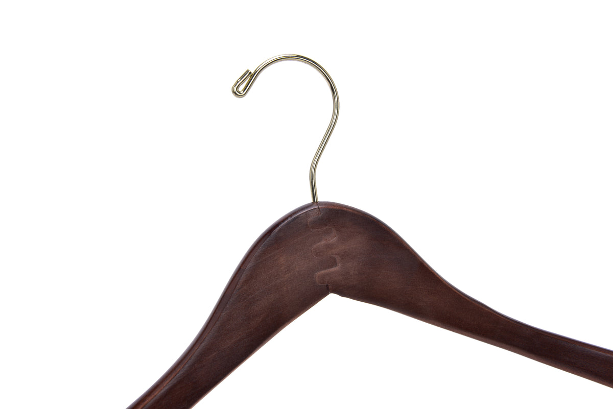 W014 – Curved Wooden Coat & Suit Hanger with Locking Bar – 17" – Walnut / Gold Hook