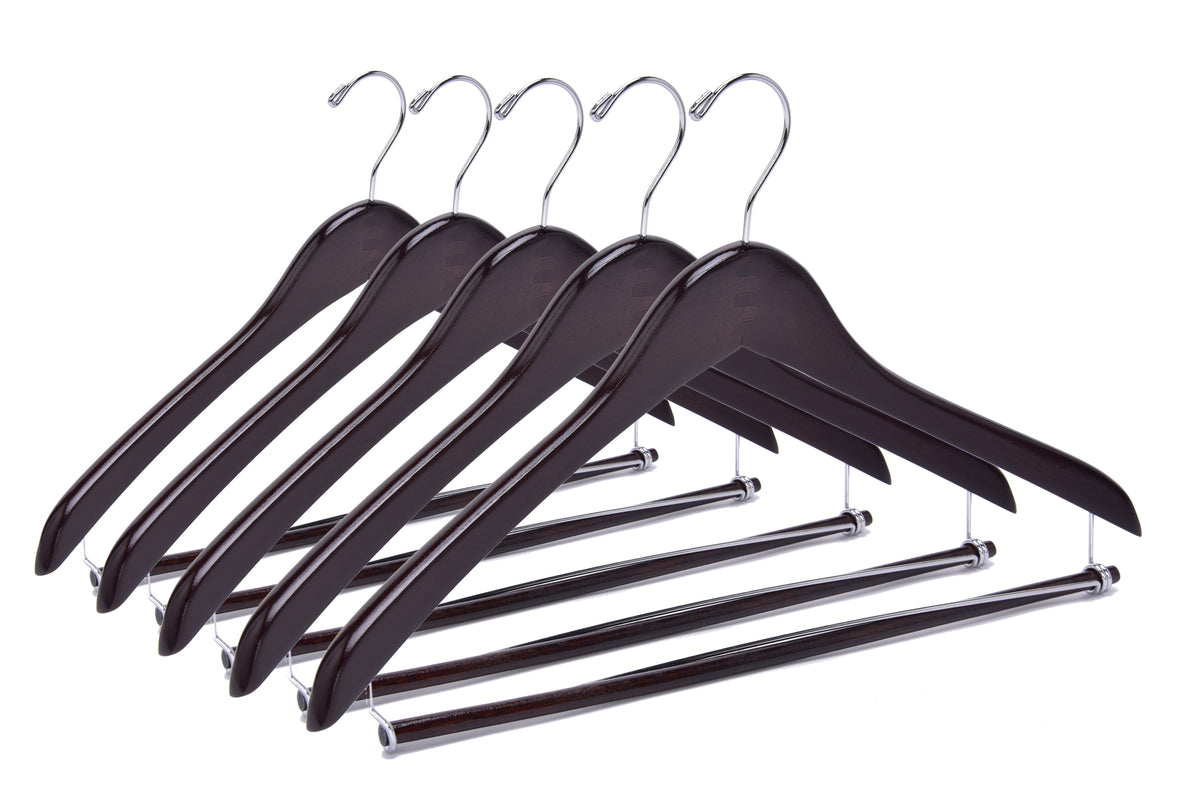 W024 – Curved Wooden Coat & Suit Hanger with Locking Bar – 17" – Walnut / Chrome Hook