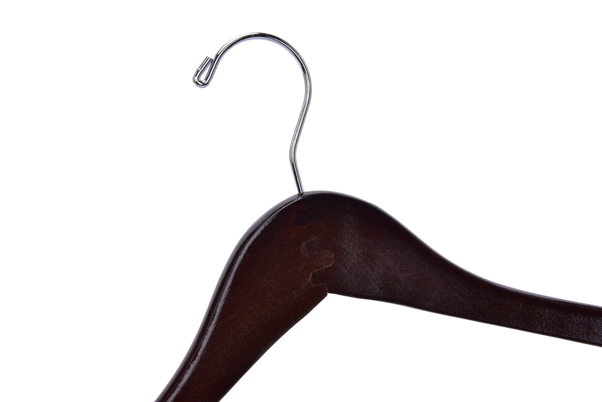 W024 – Curved Wooden Coat & Suit Hanger with Locking Bar – 17" – Walnut / Chrome Hook