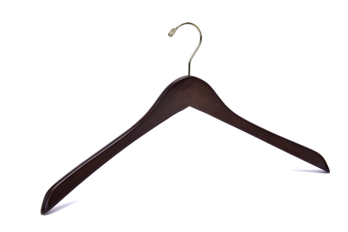 W015 – Curved Wooden Coat & Suit Hanger – 17" – Walnut / Gold Hook