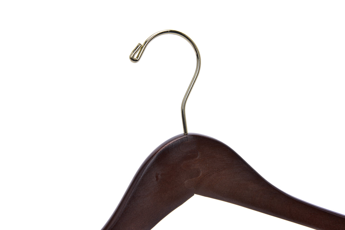 W015 – Curved Wooden Coat & Suit Hanger – 17" – Walnut / Gold Hook