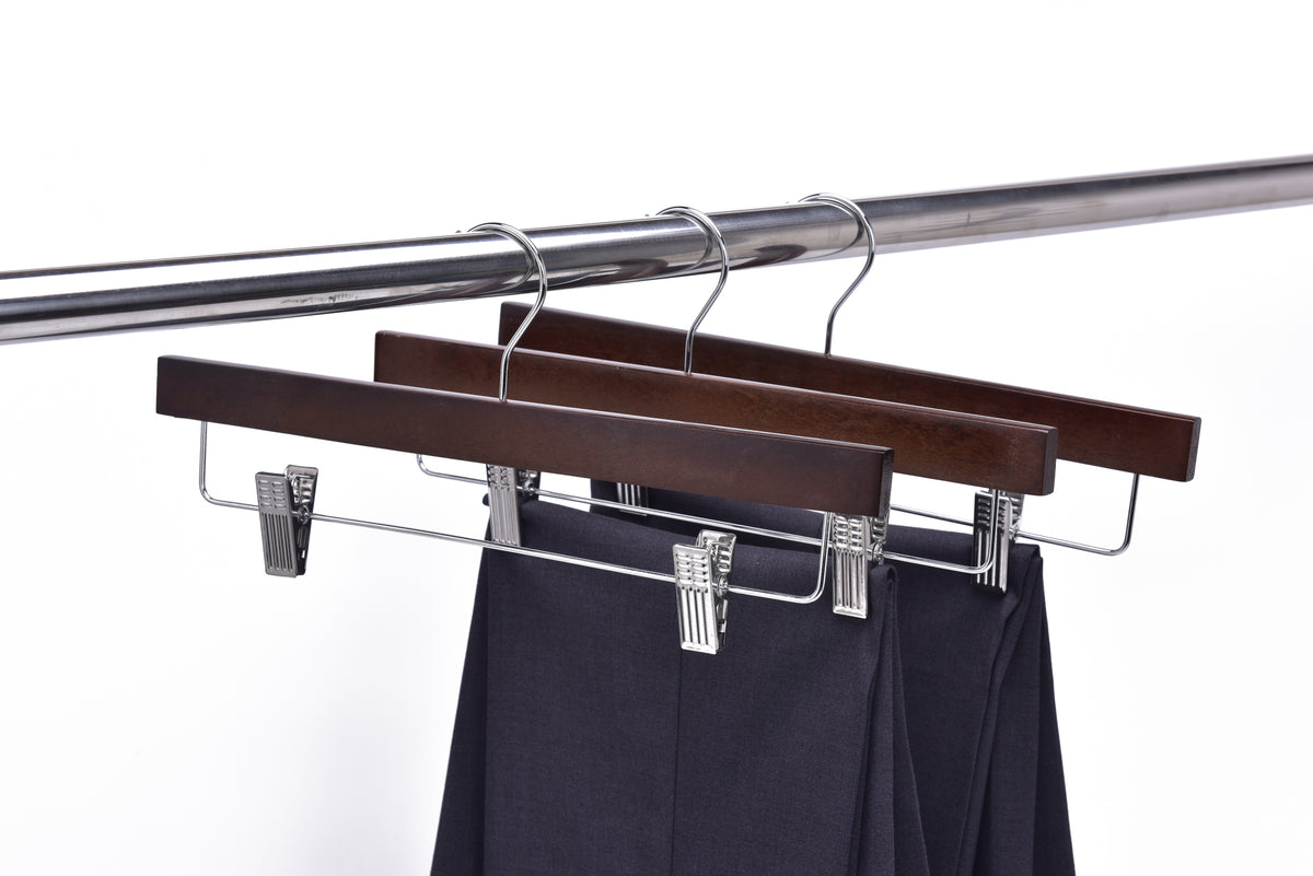W023 – Straight Wooden Skirt & Pant Hanger with Clips – 14" – Walnut / Chrome Hook