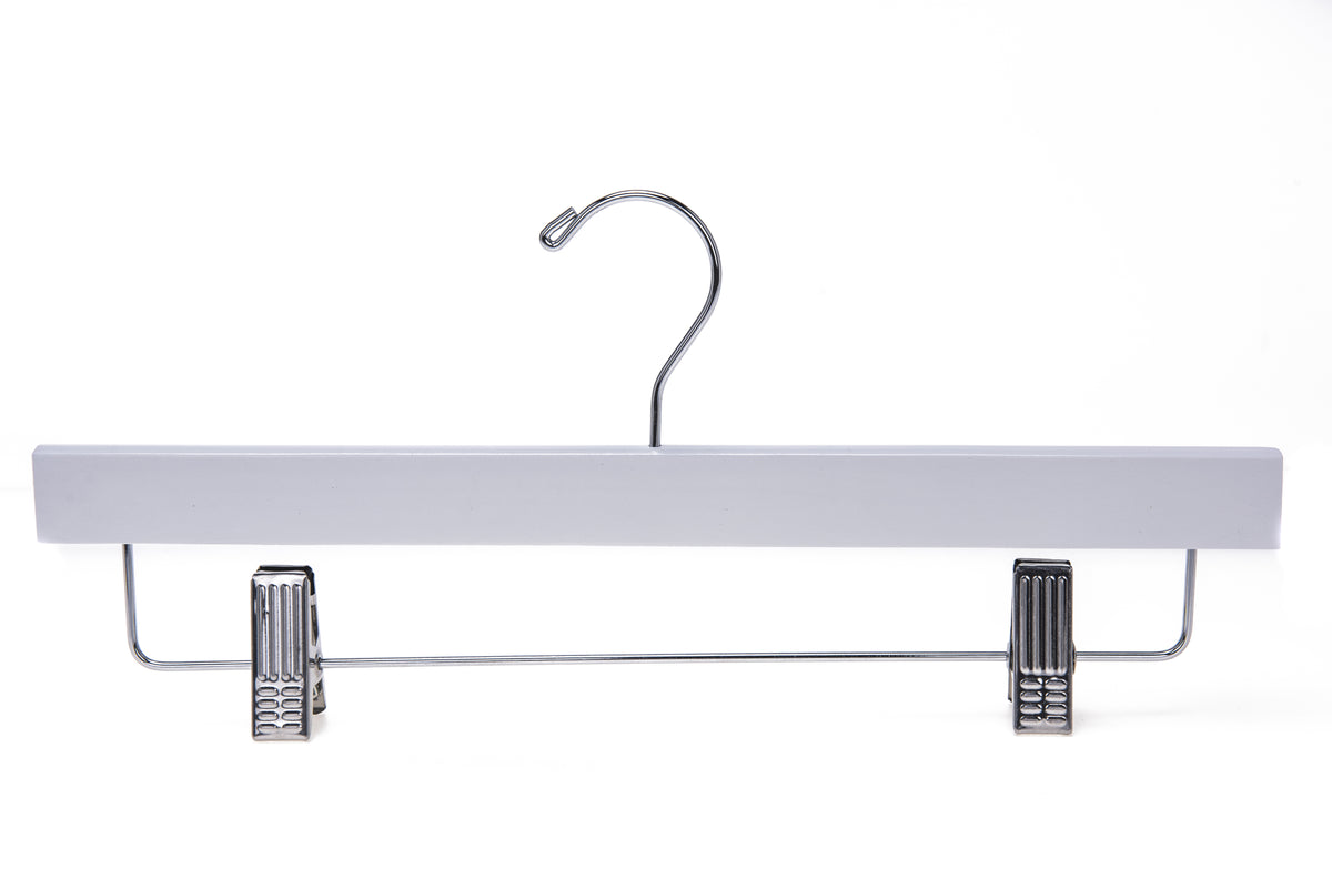 W043 – Straight Wooden Skirt & Pant Hanger with Clips – 14" – White / Chrome Hook