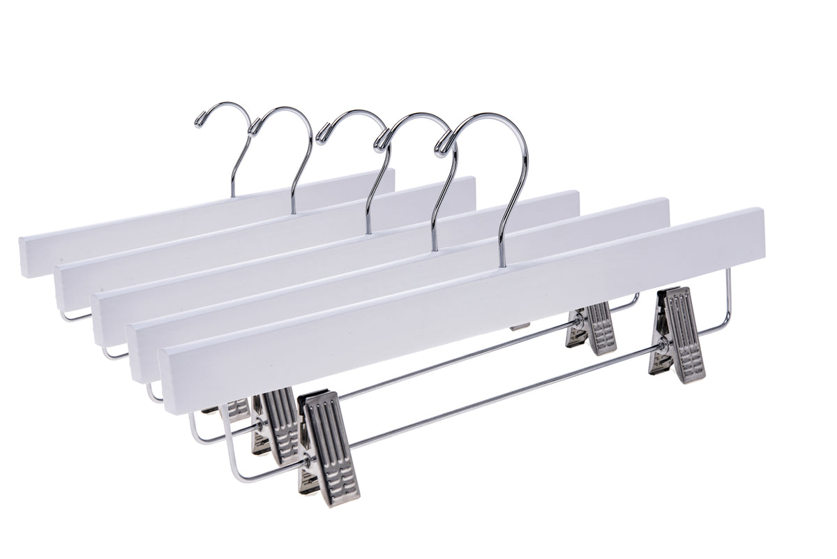 W043 – Straight Wooden Skirt & Pant Hanger with Clips – 14" – White / Chrome Hook