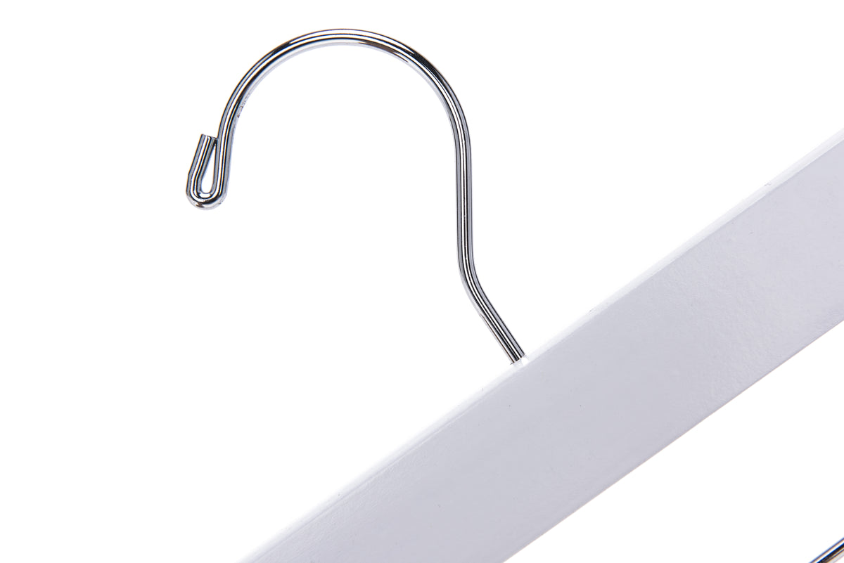 W043 – Straight Wooden Skirt & Pant Hanger with Clips – 14" – White / Chrome Hook