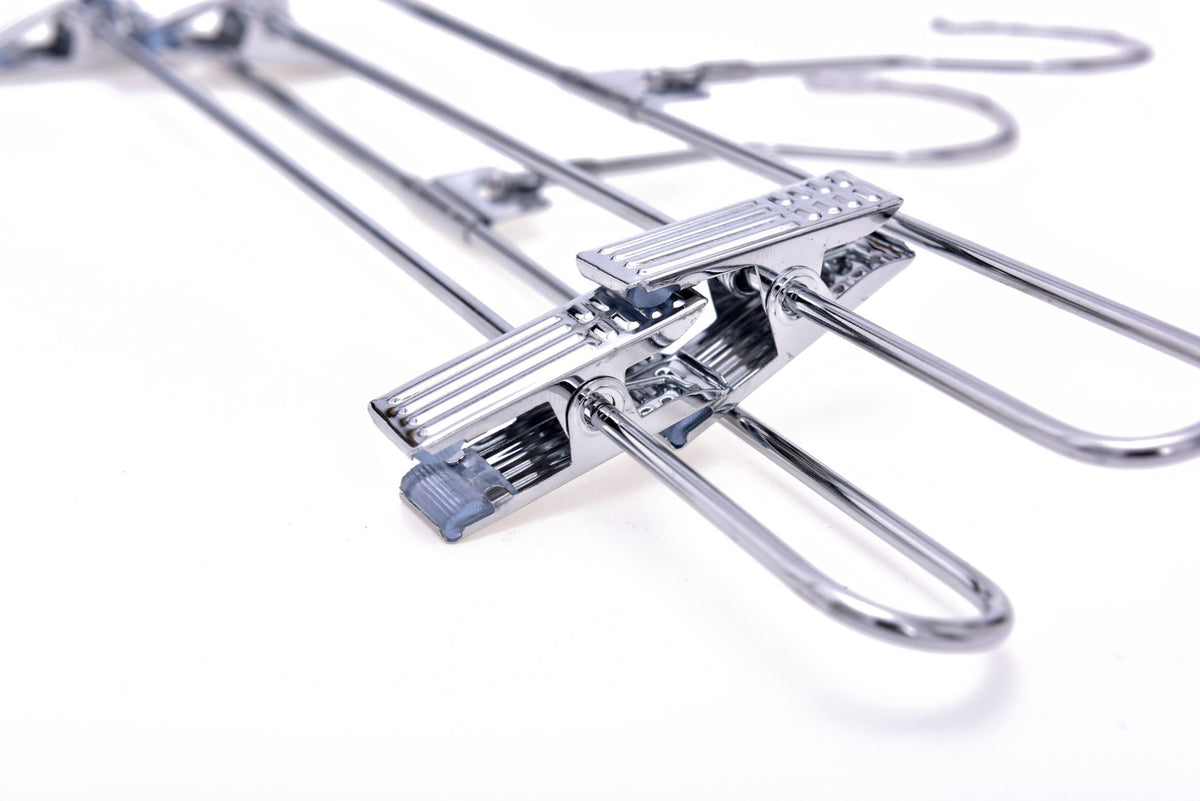 2620 – Heavy-Duty Metal Skirt & Pant Hanger with Clips & Swivel Hook – 14" – Chrome