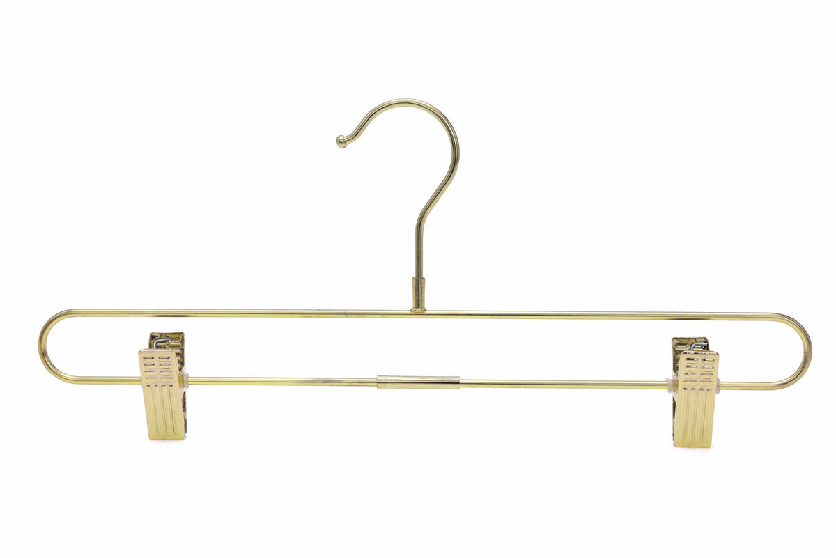 M073 – Heavy-Duty Metal Straight Skirt Hanger with Clips & Swivel Hook – 14" – Gold