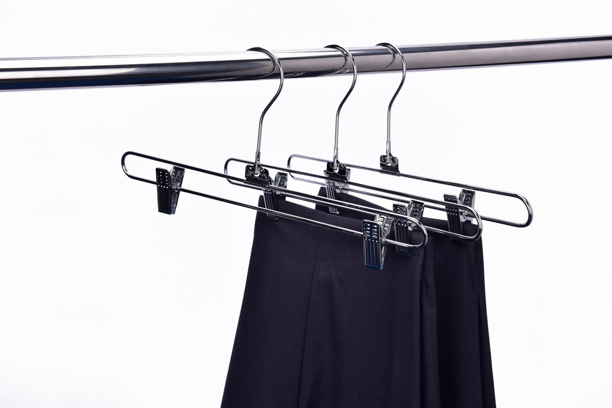 2620 – Heavy-Duty Metal Skirt & Pant Hanger with Clips & Swivel Hook – 14" – Chrome