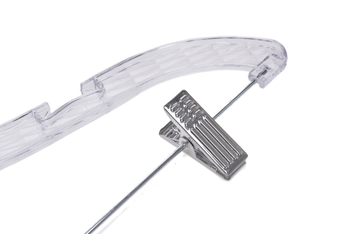 P021 - Crystal Plastic Skirt Hanger with Clips - 100 pcs (Retail Packed)