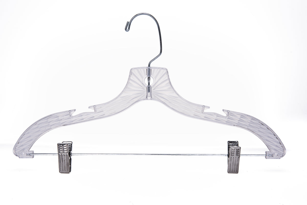 P021 - Crystal Plastic Skirt Hanger with Clips - 100 pcs (Retail Packed)