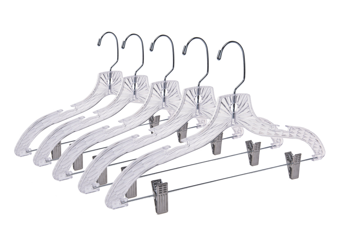 P021 - Crystal Plastic Skirt Hanger with Clips - 100 pcs (Retail Packed)