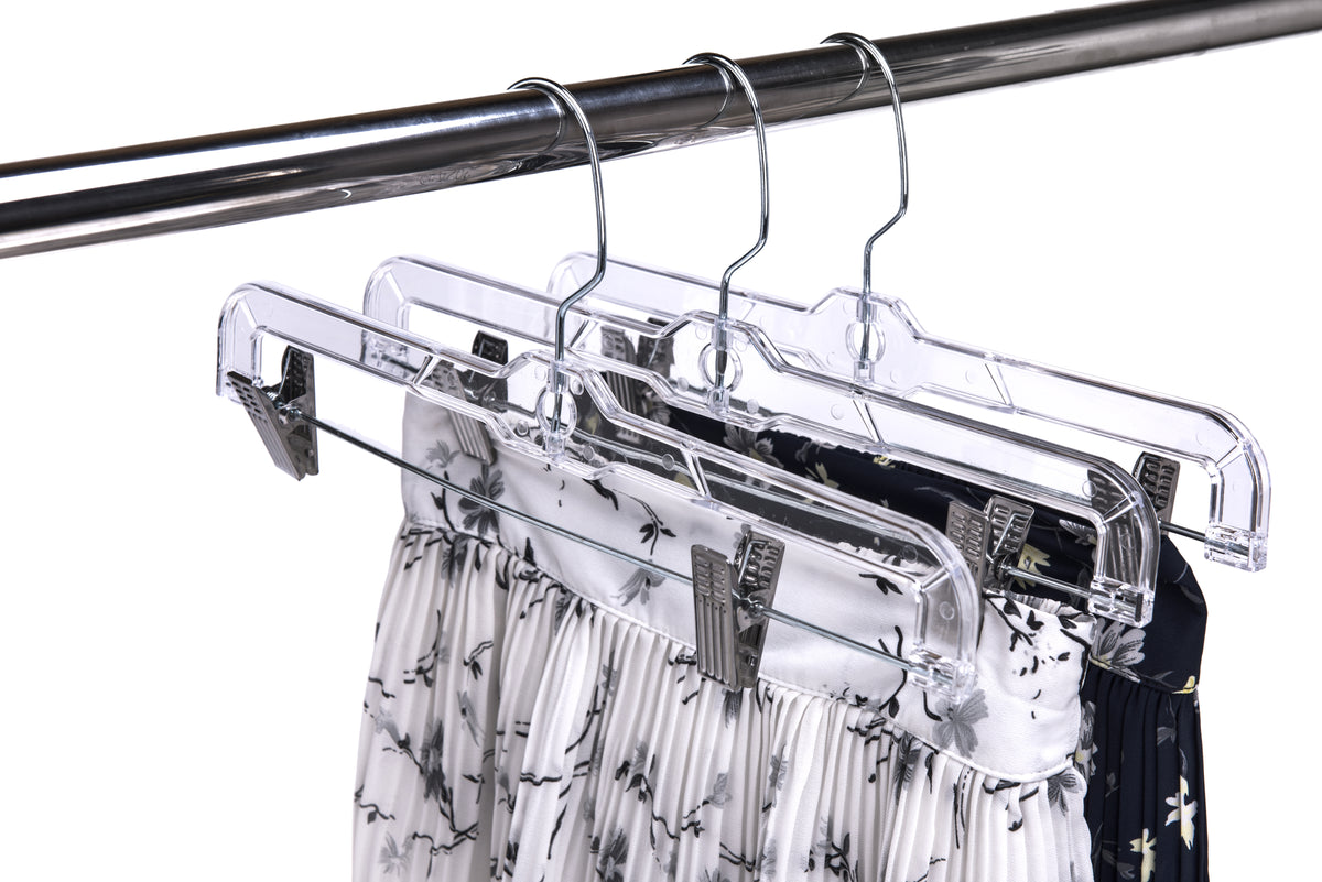P022 - Crystal Plastic Skirt Hanger with Clips - 100 pcs (Retail Packed)