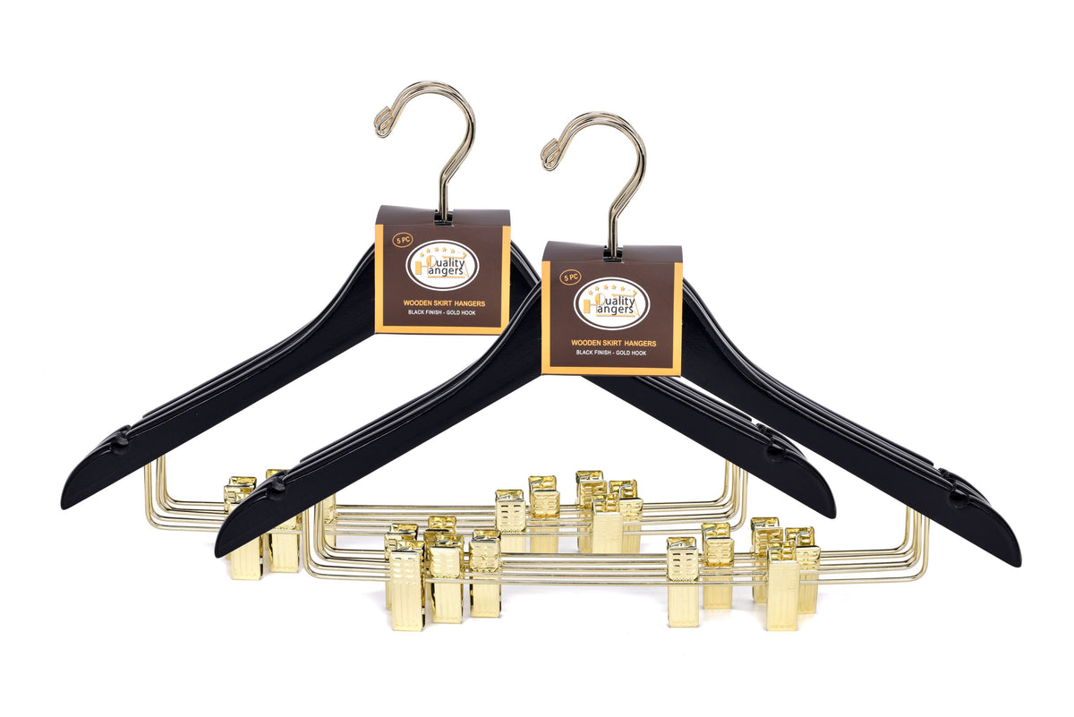 W072 – Semi-Curved Wooden Skirt & Pant Hanger with Clips – 17.5" – Black / Gold Hook