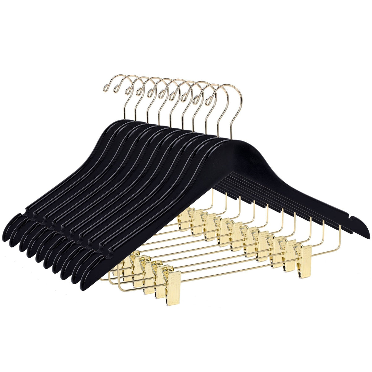 W072 – Semi-Curved Wooden Skirt & Pant Hanger with Clips – 17.5" – Black / Gold Hook