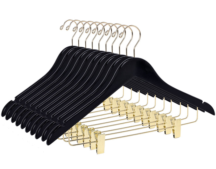 W072 – Semi-Curved Wooden Skirt & Pant Hanger with Clips – 17.5" – Black / Gold Hook