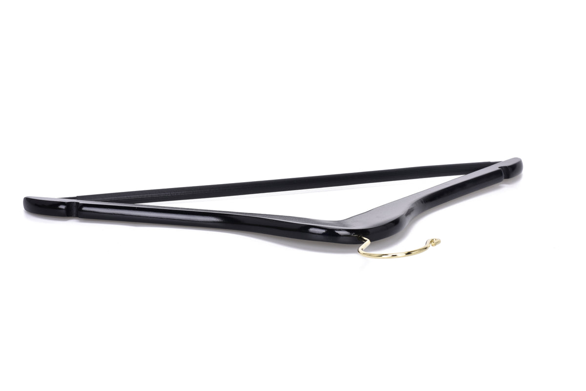 W070 – Semi-Curved Wooden Suit Hanger with Non-Slip Bar – 17.5" – Black / Gold Hook