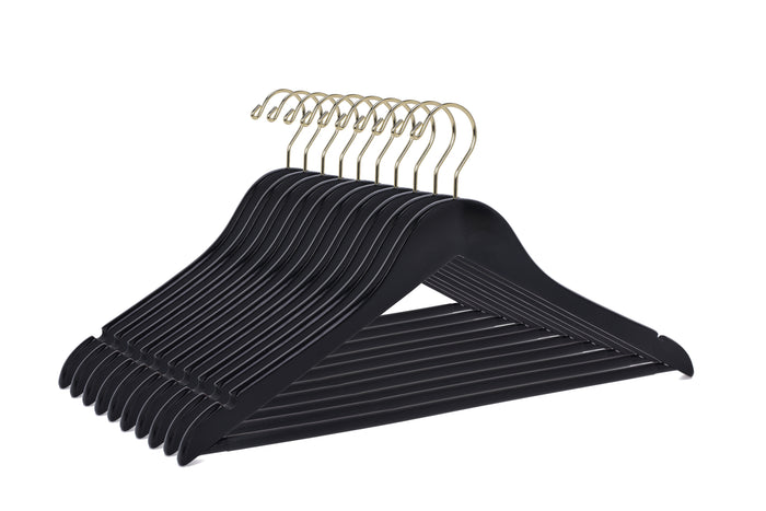W070 – Semi-Curved Wooden Suit Hanger with Non-Slip Bar – 17.5" – Black / Gold Hook