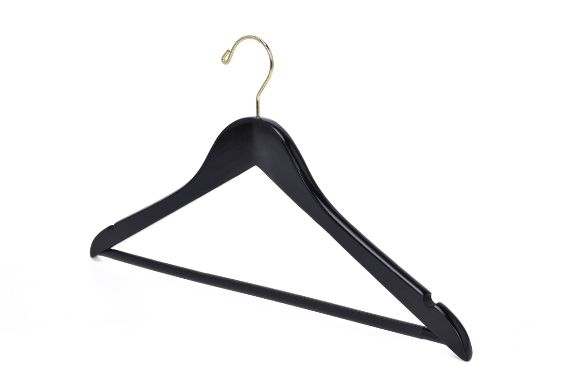 W070-30 – Semi-Curved Wooden Suit Hanger with Non-Slip Bar – 17.5" – Black / Gold Hook